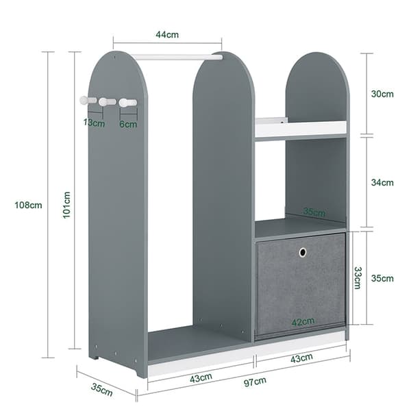 Rootz Kid's Garderob - Children's Closet - Nursery Storage - gott om utrymme - 97x108x35cm - MDF -material - Inkluderar tyglåda och krokar