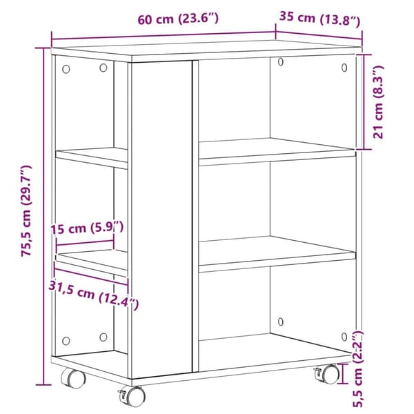 vidaXL Opbevaringsskab Sort egetræ Konstrueret træ 60x35x75 Hjul