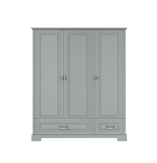 Tredørsgarderobe til børneværelset - Hvid eller grå, med skuffer og hylder, softclose - 150 cm bred, Ines