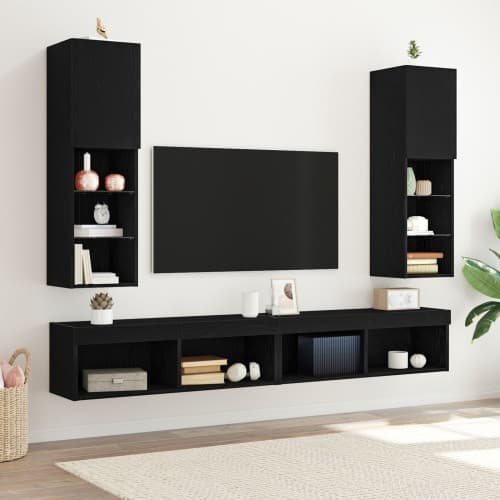 TV-skåp med LED 2 st svart ek 30,5x30x102 cm konstruerat trä