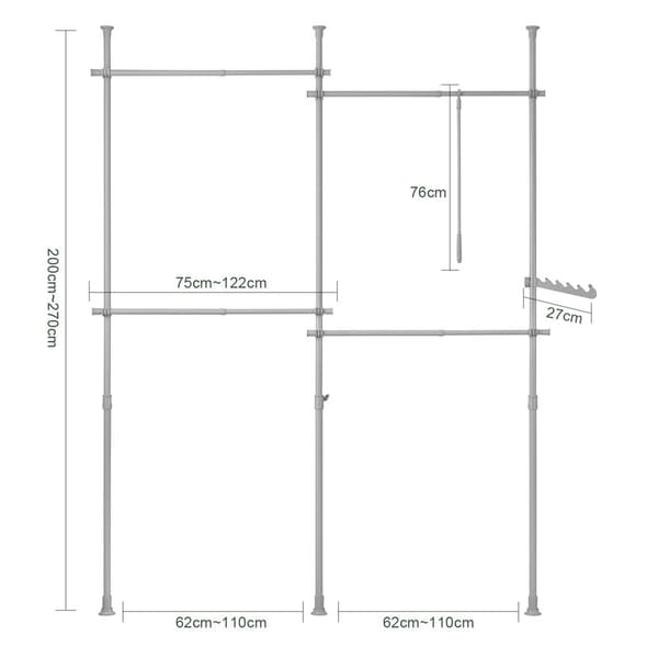Vaatekaappijärjestelmä, KLS03-HG, Korkeus: 200-270 cm, Pituus: 75-122 cm + 62-110 cm, Harmaa