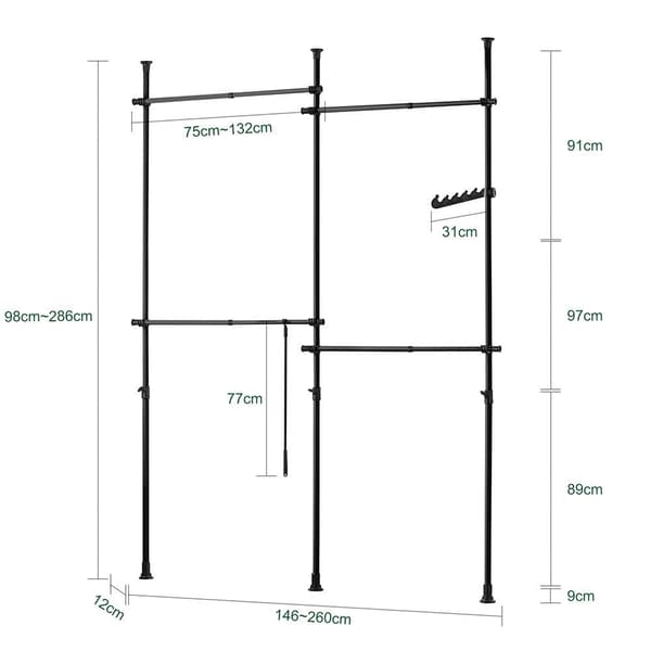 Garderobesystem, KLS03-SCH, Højde: 200-270 cm, Total længde: 75-122 cm + 62-110 cm, Sort