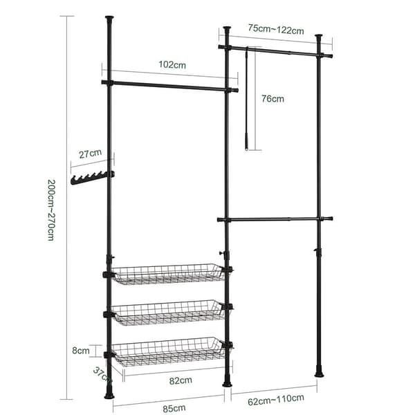 Vaatekaappijärjestelmä, FRG34-SCH, Leveys: 77~112 cm+85 cm, Korkeus: 103-278 cm, Musta