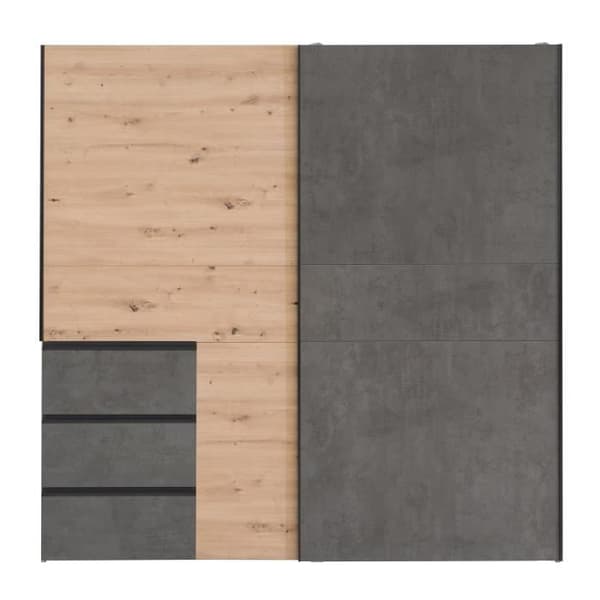 Garderob med 2 skjutdörrar och 3 lådor - Hantverkare ek och grå betongdekor - L 200,1 x D 61,2 x H 200,5 cm - WINN2