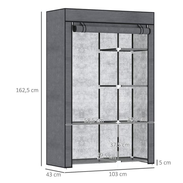 Rootz Fabric Cabinet - Lagringslösning - Arrangör - Dammskydd - 103x43x162.5cm - 6 hyllor och klädskena - Grå