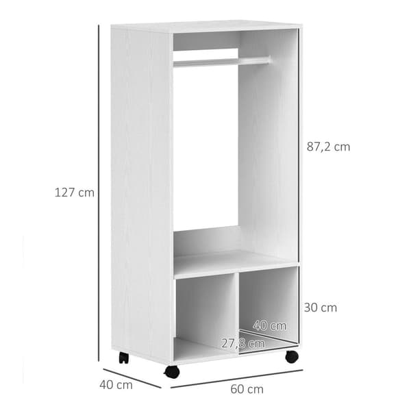 Rootz Mobile Garderobe - Tøjopbevaringsarrangør - Hvid skab - Nem mobilitet - 60 cm x 40 cm x 127 cm