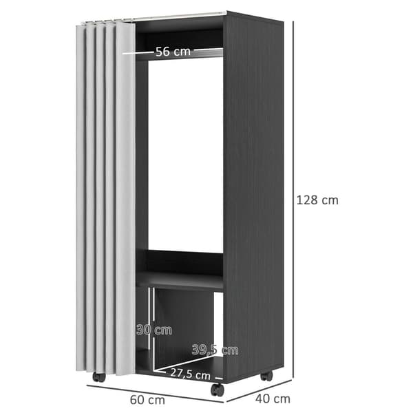 Rootz Mobile Garderobe med gardin - bærbart skab - tøjskinne - let mobilitet - 60 cm x 40 cm x 128 cm