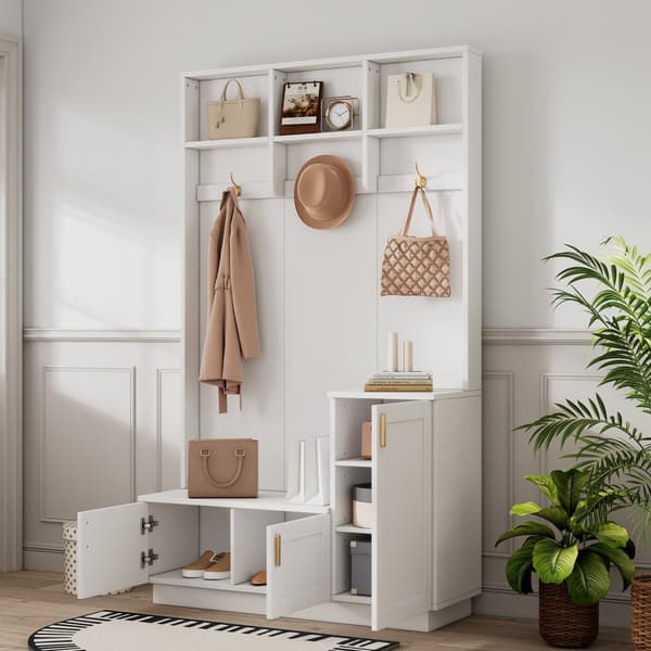 Garderobeskab med bænk og skohylde – hvide entrémøbler med 3 knager og åbne hylder, opbevaring til entréen – 200×120×40 cm