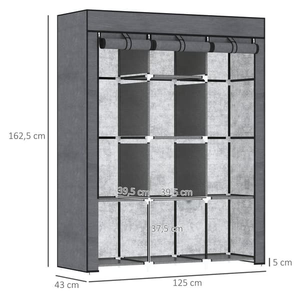 Stof Garderobe, 125x43x162.5 cm, Mørkegrå