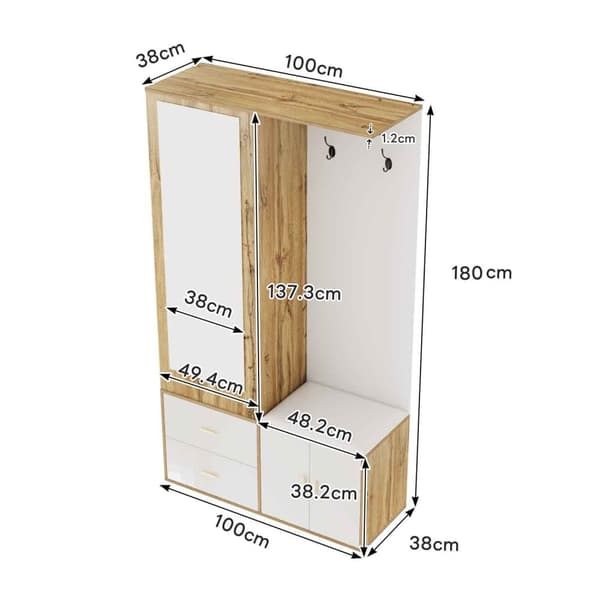 Garderobeskab 100x38x108,1 cm - Med spejl - Med skoskab - Med kroge og udtræksbøjler - Hvid + natur
