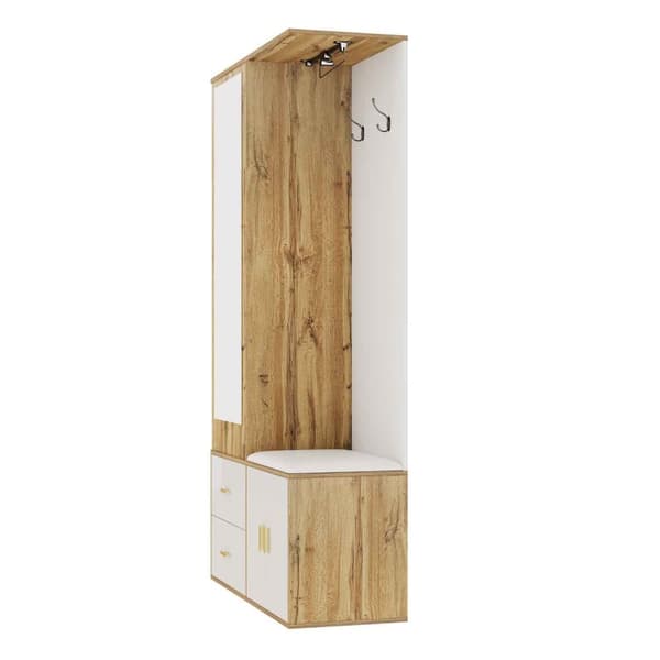 Garderobeskab 100x38x108,1 cm - Med spejl - Med skoskab - Med kroge og udtræksbøjler - Hvid + natur