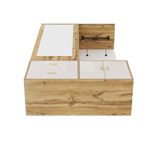 Garderobeskab 100x38x108,1 cm - Med spejl - Med skoskab - Med kroge og udtræksbøjler - Hvid + natur