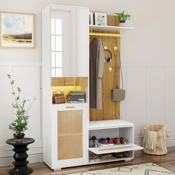 Garderobset med spegel, LED-belysning i 16 färger, skobänk, skoskåp, väggpanel med 5 guldkrokar och överskåp – Komplett hallmöbel