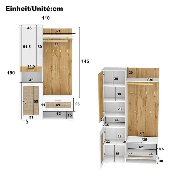 Garderobset med spegel, LED-belysning i 16 färger, skobänk, skoskåp, väggpanel med 5 guldkrokar och överskåp – Komplett hallmöbel