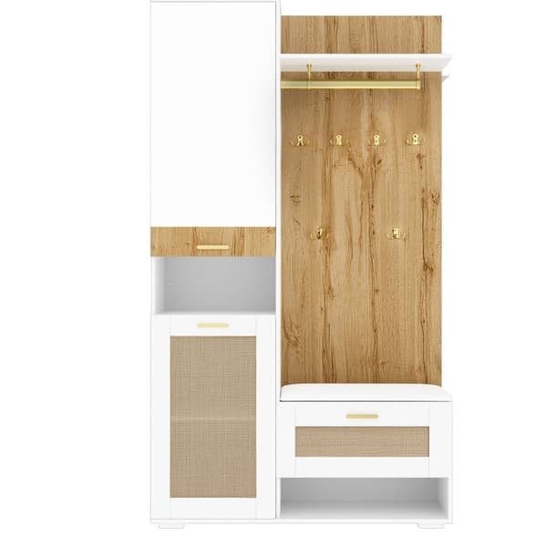 Garderobset med spegel, LED-belysning i 16 färger, skobänk, skoskåp, väggpanel med 5 guldkrokar och överskåp – Komplett hallmöbel