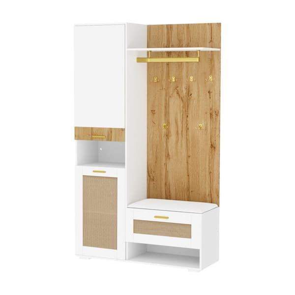 Garderobset med spegel, LED-belysning i 16 färger, skobänk, skoskåp, väggpanel med 5 guldkrokar och överskåp – Komplett hallmöbel