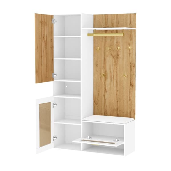 Garderobset med spegel, LED-belysning i 16 färger, skobänk, skoskåp, väggpanel med 5 guldkrokar och överskåp – Komplett hallmöbel
