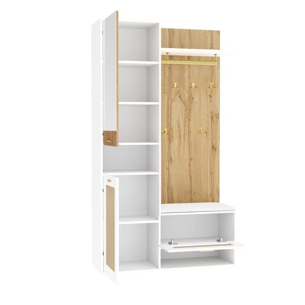 Garderobset med spegel, LED-belysning i 16 färger, skobänk, skoskåp, väggpanel med 5 guldkrokar och överskåp – Komplett hallmöbel