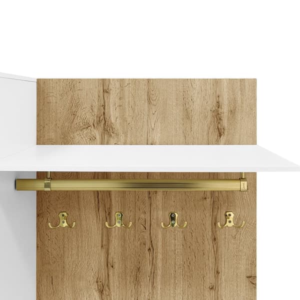 Garderobset med spegel, LED-belysning i 16 färger, skobänk, skoskåp, väggpanel med 5 guldkrokar och överskåp – Komplett hallmöbel