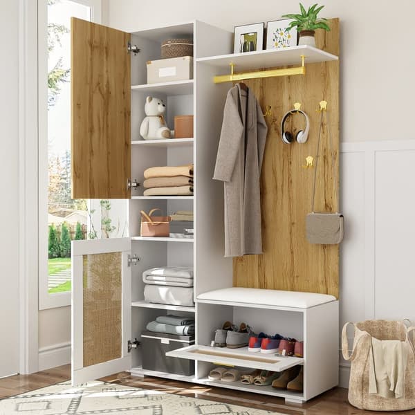 Garderobset med spegel, LED-belysning i 16 färger, skobänk, skoskåp, väggpanel med 5 guldkrokar och överskåp – Komplett hallmöbel