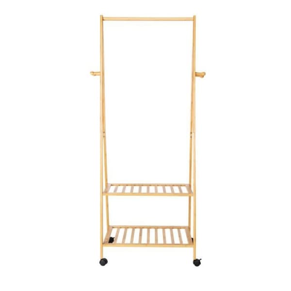 Klädställ och garderober - Wenko - Klädställ på hjul i bambu med 2 förvaringsutrymmen + 4 klädkrokar + stång - Beige - H 165 x L 76,5 cm