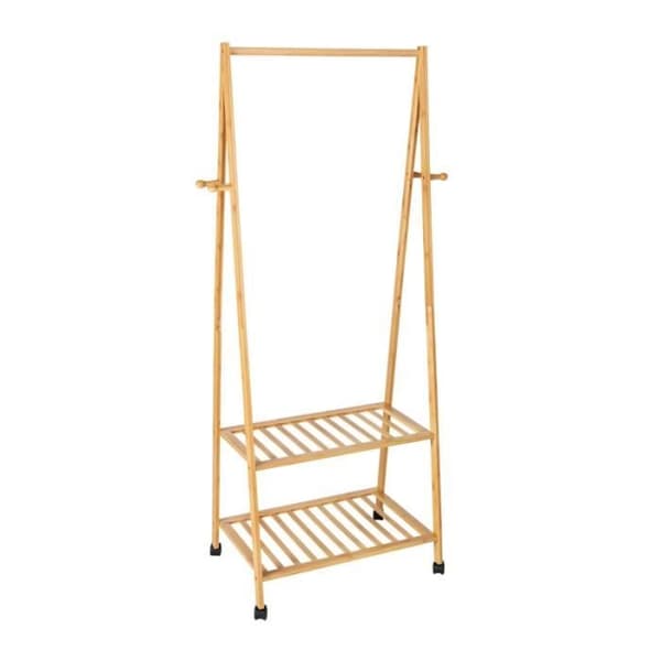 Klädställ och garderober - Wenko - Klädställ på hjul i bambu med 2 förvaringsutrymmen + 4 klädkrokar + stång - Beige - H 165 x L 76,5 cm