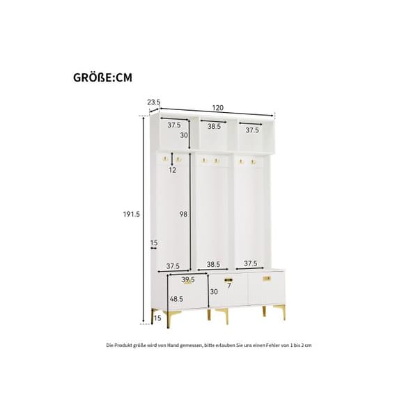 Ensemble garderob med bänk, öppen förvaring, 6 krokar och gyllene ben, vit, B120/D23.5/H191.5CM
