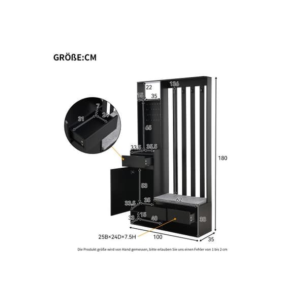 Entréhall med vadderad förvaringsbänk, modern entréhall med 4 krokar H180/B100/T35 cm