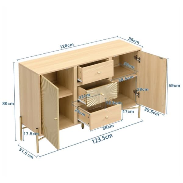 Hög skåp, Sideboard, längd 123,5 cm, skåp med 2 dörrar och 3 lådor samt unik design av solstrålar.