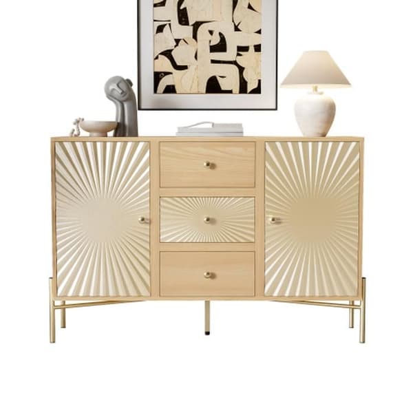 Hög skåp, Sideboard, längd 123,5 cm, skåp med 2 dörrar och 3 lådor samt unik design av solstrålar.