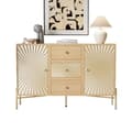 Miniatyrbild 1 av 3: Hög skåp, Sideboard, längd 123,5 cm, skåp med 2 dörrar och 3 lådor samt unik design av solstrålar.