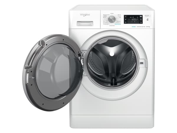 Whirlpool FFWDB 864369 SV EE, Edestä täytettävä, Vapaasti seisova, Valkoinen, Vasen, Hopea, Valkoinen, Rotaatio, Kosketus