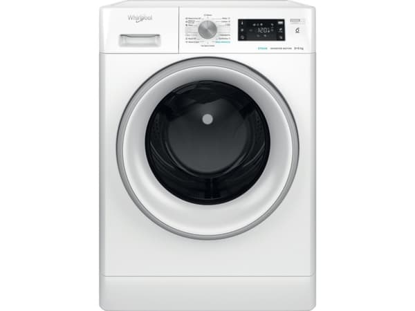 Whirlpool FFWDB 864369 SV EE, Edestä täytettävä, Vapaasti seisova, Valkoinen, Vasen, Hopea, Valkoinen, Rotaatio, Kosketus