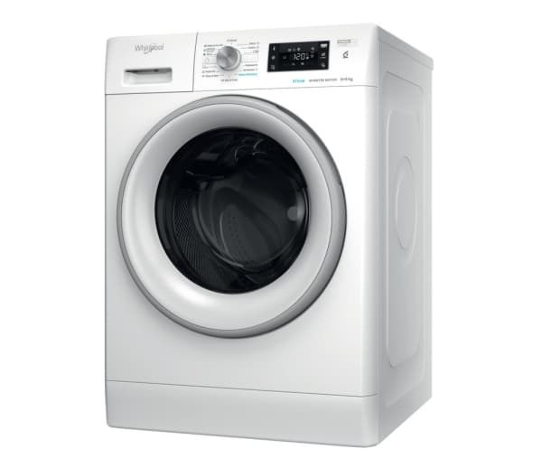 Whirlpool FFWDB 864369 SV EE, Edestä täytettävä, Vapaasti seisova, Valkoinen, Vasen, Hopea, Valkoinen, Rotaatio, Kosketus