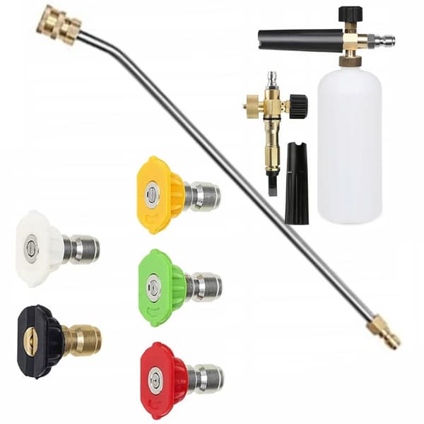 Rosfix Set med 5 snabbkopplade munstycken för högtryckstvätt (0°, 15°, 25°, 40°, 60°) + lans för högtryckstvätt 1/4"" 34cm, böjd 30° + skumpistol 1000