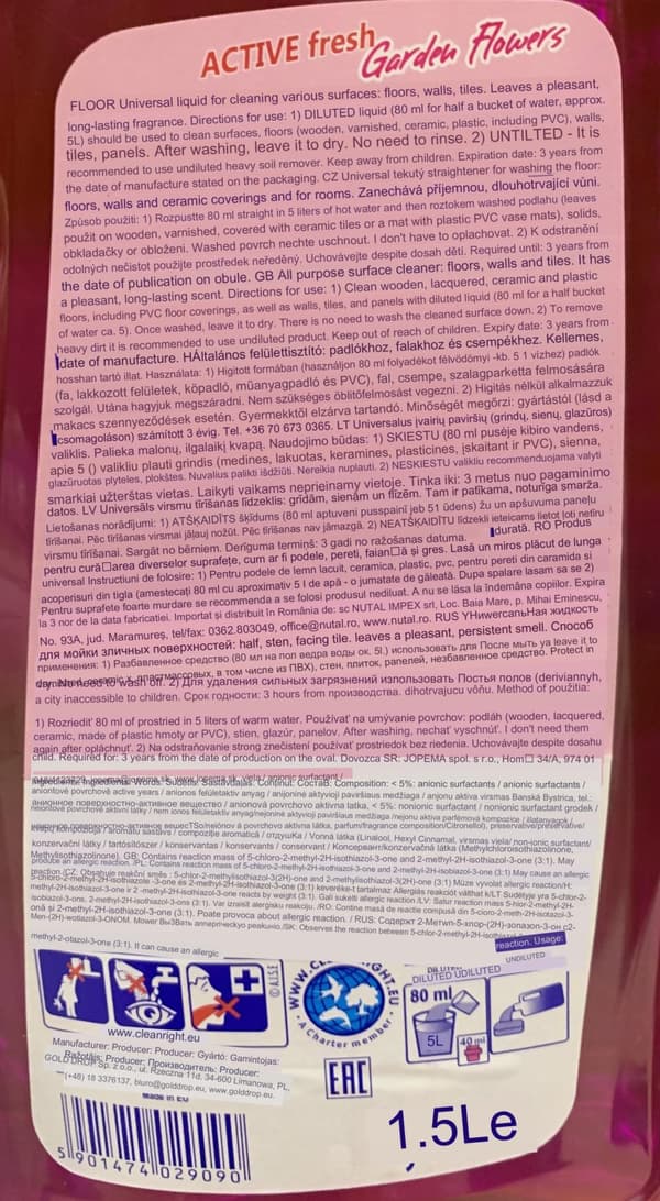 Yleiskäyttöinen kukkaistutteiden lattianpuhdistusaine 1,5 l