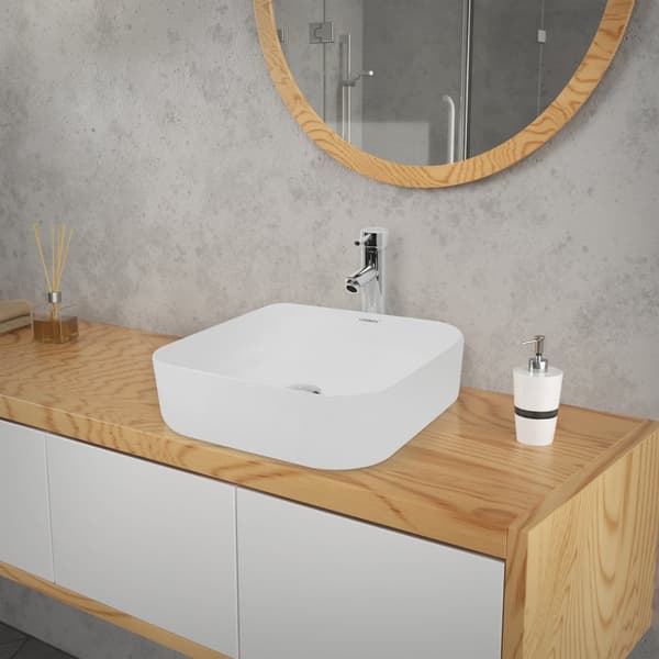ECD Germany Badeværelse Keramisk håndvask Bordvask Vaskeskål Håndvask 390 x 390 x 140 mm - Kvadratisk - Hvid køkkenbord toilet + Pop-up affald 1 1/4
