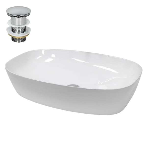 ECD Germany Badeværelse Keramisk håndvask Bordplade Vaskeskål Håndvask 605x380 x40 mm - Oval - Hvid køkkenbord toilet + Pop-up affald 1 1/4 "Slids