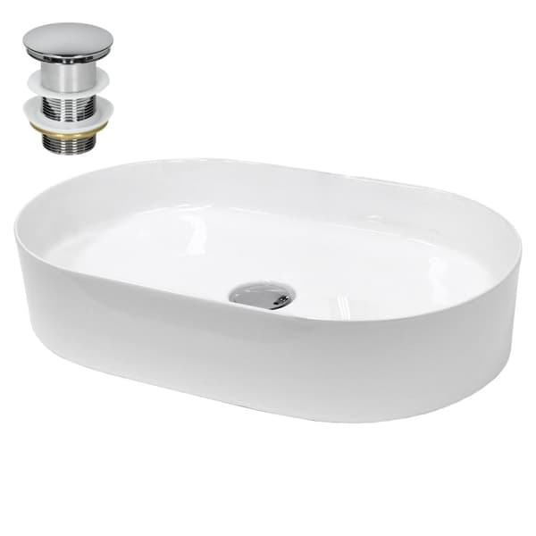 ECD Germany Badeværelse Keramisk håndvask Bordplade Vaskeskål Håndvask 605 x 380 x 125 mm - Oval - Hvid køkkenbord toilet + Pop-up affald 1 1/4 "Slids