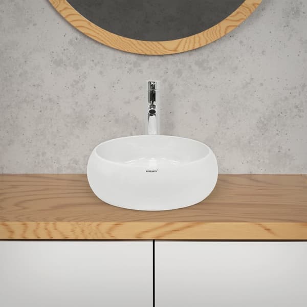 ECD Germany Badeværelse Keramisk håndvask Bordvask Vaskeskål Håndvask Ø 350 x 120 mm - Rund - Hvid Bordplade Toilet + Pop-up affald 1 1/4 "Slids