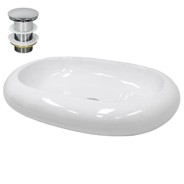 ECD Germany Badrums keramikhandfat Diskbänk Tvättställsskål Tvättställ Ø 350 x 120 mm - Rund - Vit bänkskiva Toalett + Pop-up-avfall 1 1/4 "Slitsad