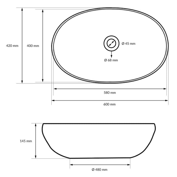 ECD Germany design tvättställ 600x420 x 145 mm inkl. Avfallssats för tvättställ utan överflöde - keramik vit bänkskiva bänkskiva tvättställ tvättställ
