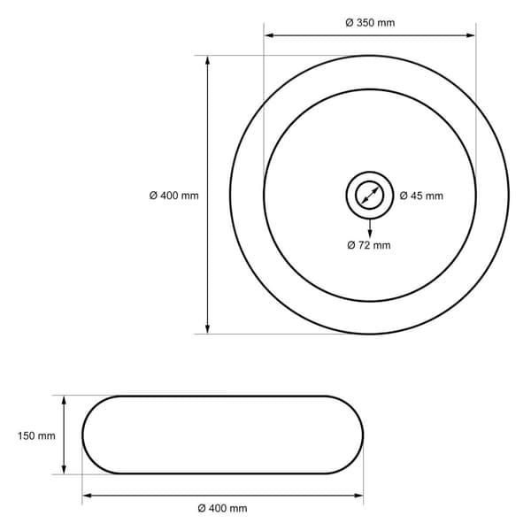 Tvättställ rund form Ø 400x350 mm, vit, keramik - inkl. avloppssats utan överlopp
