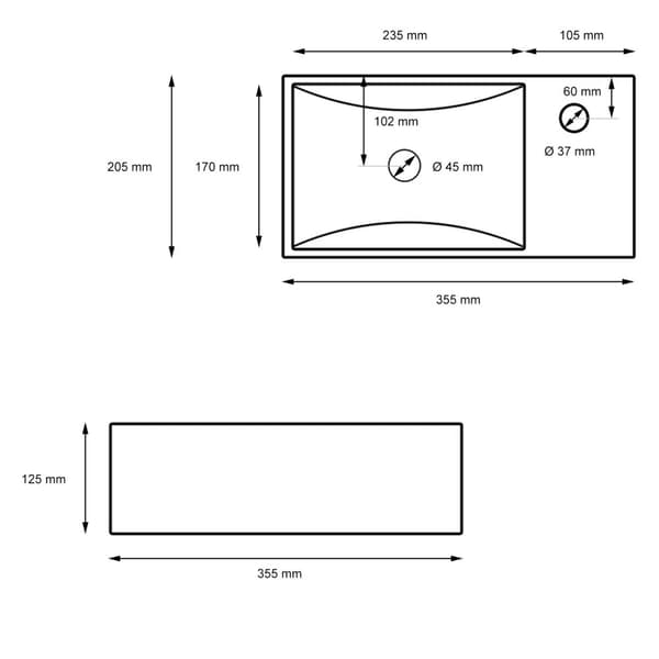 ML-Design keraaminen pesuallas musta matta, 35.5x20,5x12.5 cm, suorakulmainen lipas pesuallas, moderni turhamaisuus, pese kuppi laskuaukon