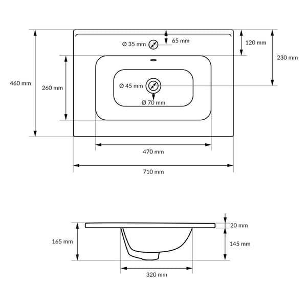 ML Design keramisk håndvask hvid 71x16.5x46 cm, indbygget håndvask med trykhul og overløb, top håndvask indbygget håndvask vaskeri, til badeværelset