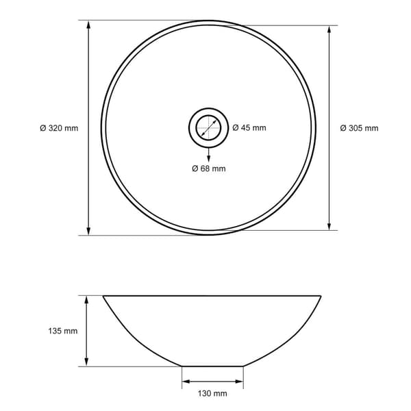 ECD Germany Tvättställ för bänkskivor inkl. avlopp med överflöde - Ø 320 x 135 mm - Keramisk diskbänk - Rund design - Vit diskbänk - ¼ "pop-up
