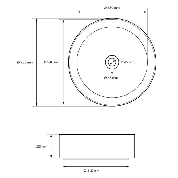 ECD Germany design håndvask håndvask Ø 355 x 120 mm inkl. Affaldssæt til håndvaske uden overløb keramisk rund hvid bordplade håndvask bordplade