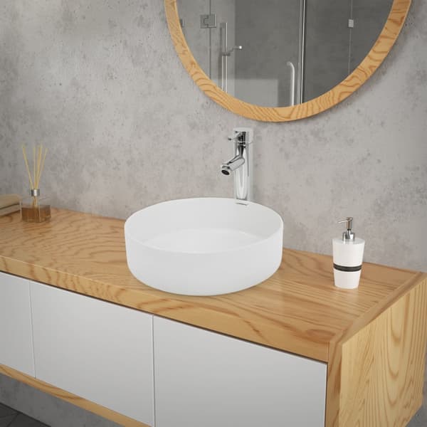 ECD Germany design håndvask håndvask Ø 355 x 120 mm inkl. Affaldssæt til håndvaske uden overløb keramisk rund hvid bordplade håndvask bordplade