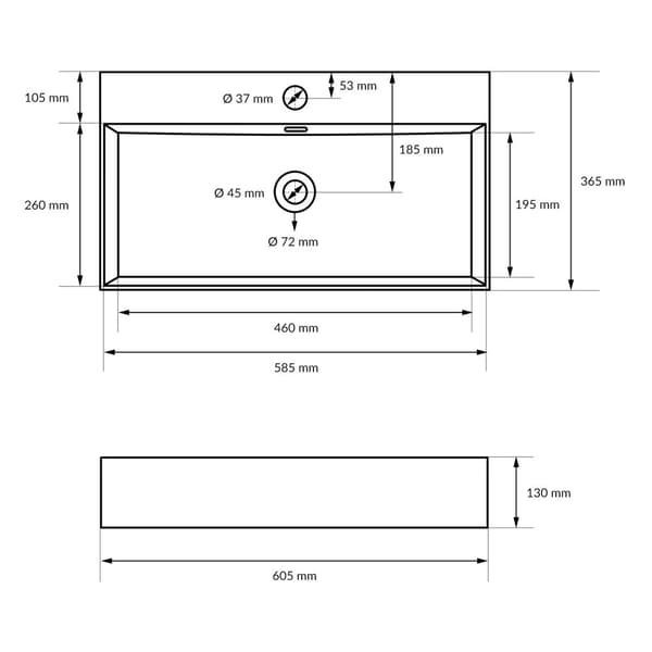 ECD Germany håndvask håndvask inkl. Affaldssæt med overløb - 605x365x130 mm - lavet af keramik - kantet - hvid - bordplade håndvask bordplade håndvask