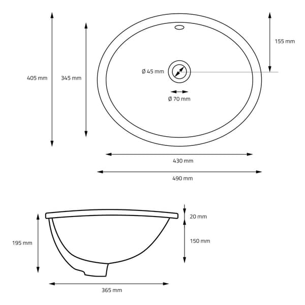 ML-Design keramisk håndvask hvid skinnende 49x19.5x40.5cm oval indbygget håndvask med overløb og blomsterhul, badeværelse bordplade håndvask indbygget